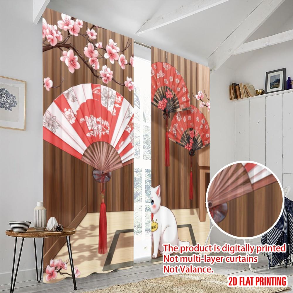 2pcs,2D plane printing Window Curtain CherryBlossomFans Versatile Polyester (without rod) Gifts Use for Bedroom Living Room