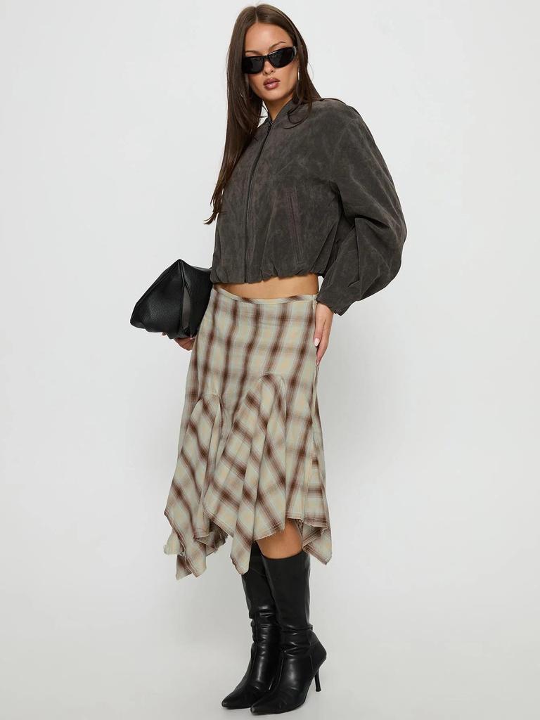 Plaid Patchwork High-Waisted Irregular Hem Midi Skirt