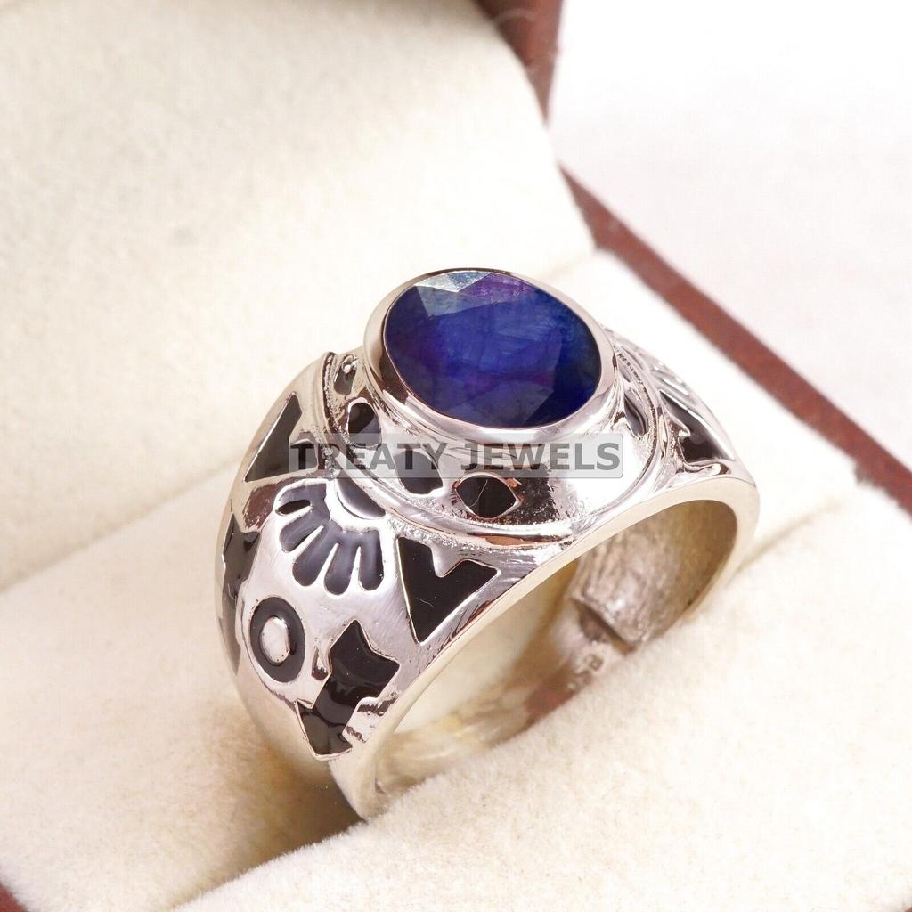 Blue Sapphire Oval Cut Gemstone With 925 Sterling Silver Ring For Men's #B606 JL375686496600