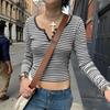 Striped Scoop Neck Slim-fitting T-shirt Women Casual Long Sleeves Button Crop Pullover Sexy Versatile Bottoming Top