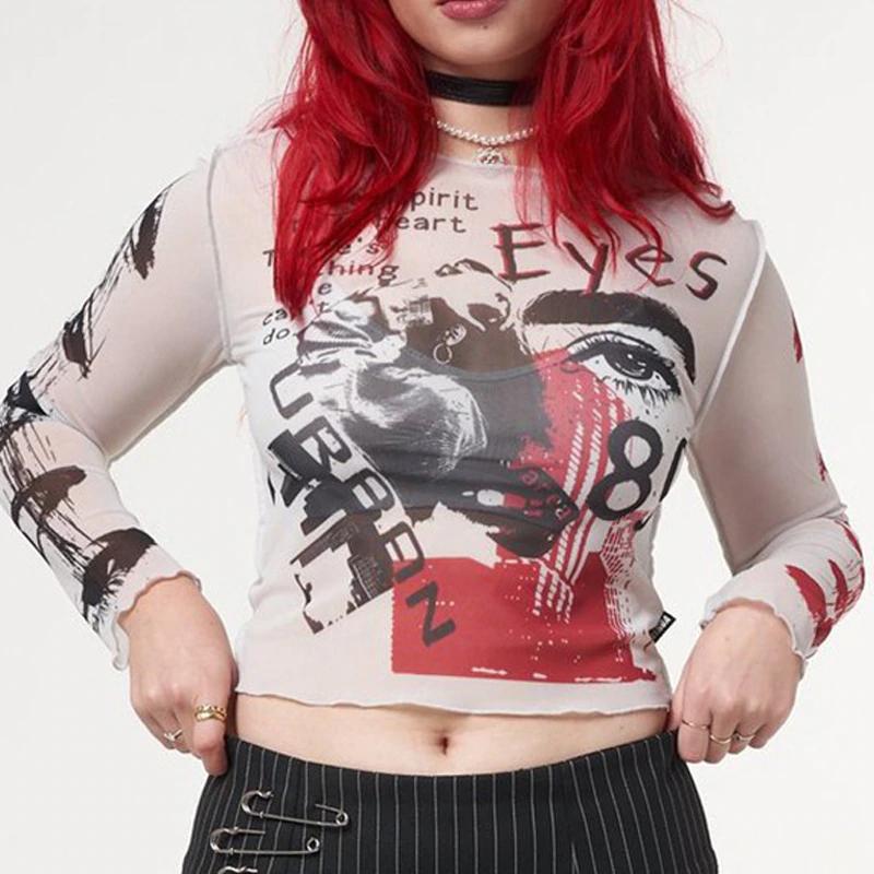 Goth Dark Mesh Gothic Aesthetic See Through Women T-shirts Grunge Sexy  Printed Bodycon Crop Tops Punk E-girl Long Sleeve Clothes  buy the best  products in the Ayzeze online store