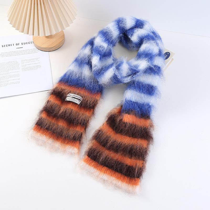 Thick Woolen Knitted Scarf Autumn Winter Rainbow Color Block Striped Versatile Anti-Cold Shoulder Wrap Scarf
