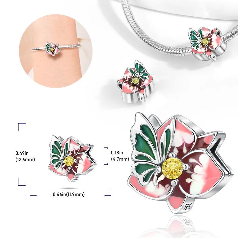 Copper Colors Colorful Pansy Daisy Flowers Butterfly Pendant Bead Fit Original Bracelet Diy Fine Jewelry Gift For Women