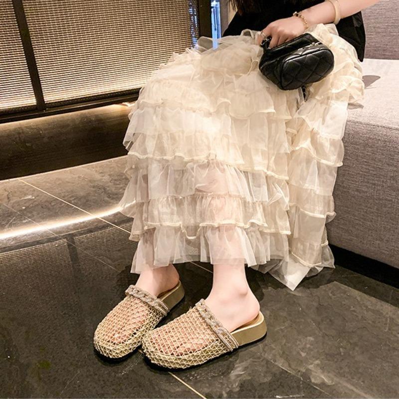 Fashion Summer Women's Slippers Flat Breathable Round Toe Rhinestones Women's Mules Mesh Fashion Outdoor Beach Shoes Zapatillas De Mujer