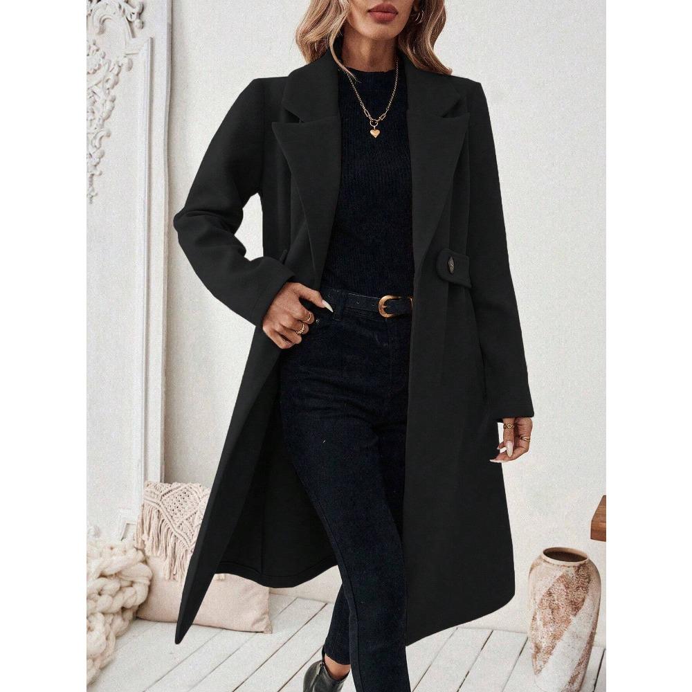 Women's Lapel Long Sleeve Wool Coat Straight Fit Solid Color Urban Commuter Long Overcoat