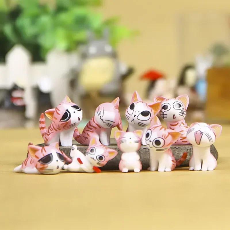 9pcs Cheese Cat Mini Ornament Sets Moss Micro Landscape Succulent Decorative Figurines Cartoon Animals Desktop Cats Craft Gifts