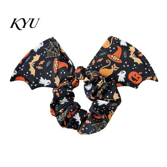 Halloween Hair Ties for Women Bat Shape Scrunchies Girls, Soft Elastic Ponytail Holders with Spooky Pumpkin/Spider Web/Black Cat Prints Holiday Party