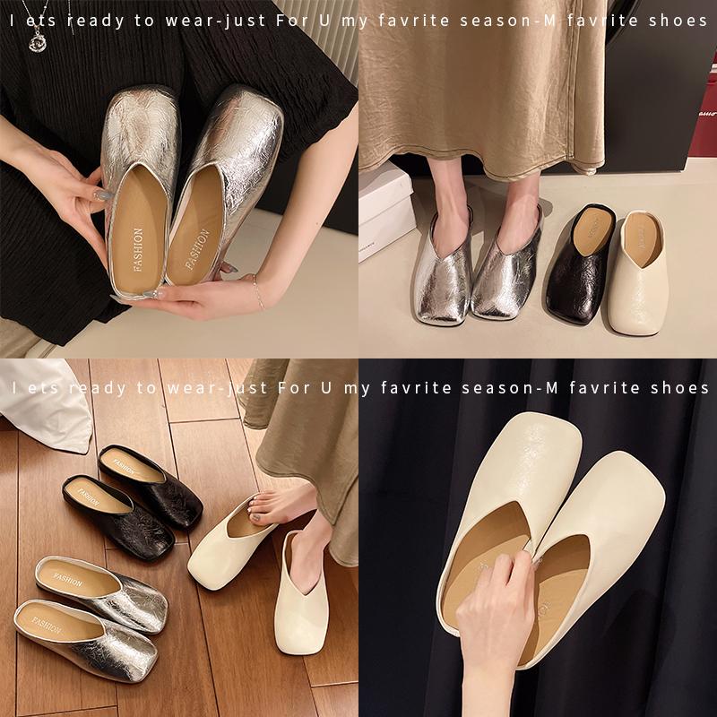 Fashion Concise Mules Shoes Cover Toe Outdoor Slippers Women Genuine Leather Low Heels Summer Sandals Party Golden Shoes