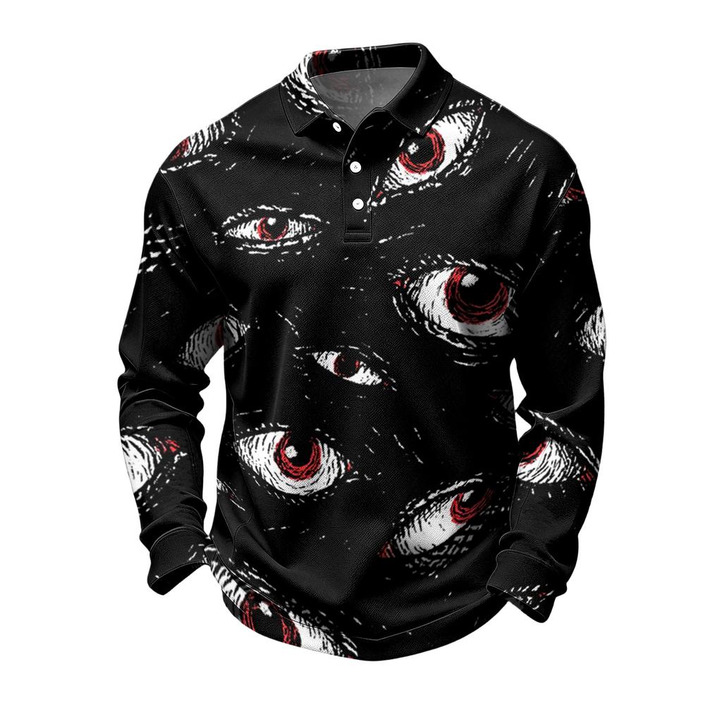 Herren Schnelltrocknendes Mesh Langarm Golfshirt mit Halloween-Print für Freizeitkleidung