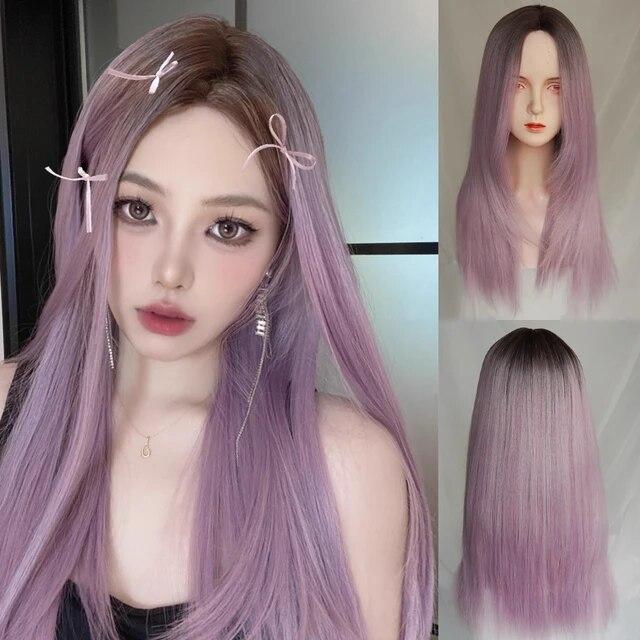Perruque synthétique longue violette mixte avec raie au milieu pour femme, style Lolita, cheveux naturels et duveteux, résistante à la chaleur, idéale pour un usage quotidien ou une soirée.