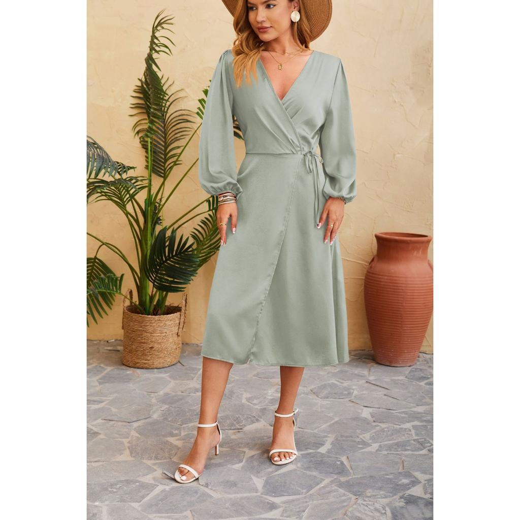 Spring Summer Women's Satin Solid V-Neck Slit Hem Sexy Dress, European American Style Casual Elegant Party Dress