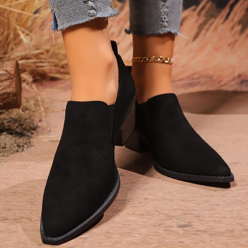 Pointed Toe Chunky Heel Shoes - All-Season Comfort, Black Faux Cover with Golden Accents, Casual & Office Wear Perfect for Daily Commut