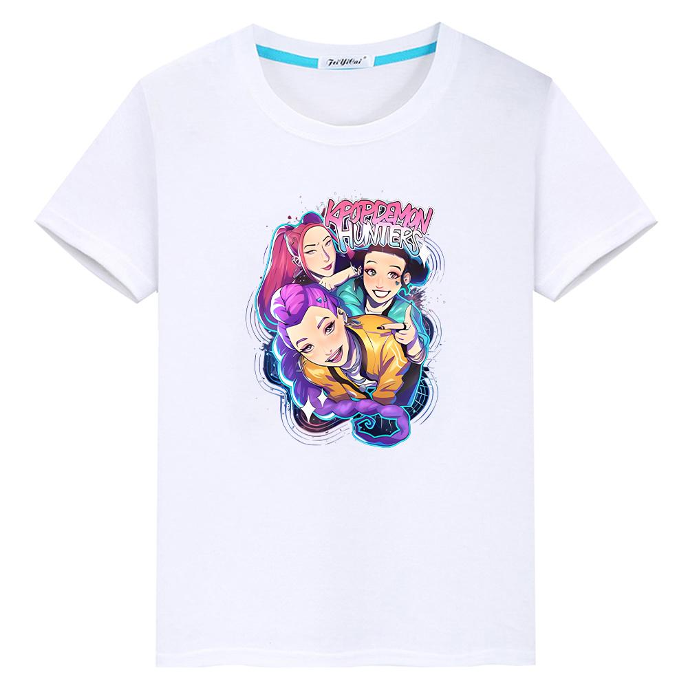 Kpop Demon Hunters Print 100%Cotton T Shirt for Kids Boy 10year Kawaii Tees Anime Tops Round Neck Short Sleeve Y2k Girls Clothes