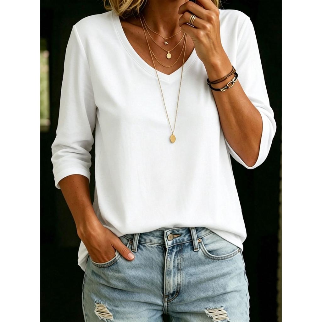 Women's V Neck Three Quarter Sleeve Tee Tops Loose Solid Color Basic Casual Blouse
