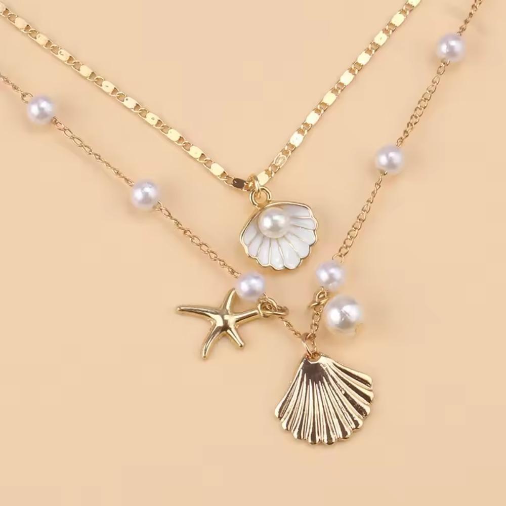 2pcs/set  Shell Starfish Imitation Pearls Pendant Necklace for Women Summer Beach Jewelry Accessories