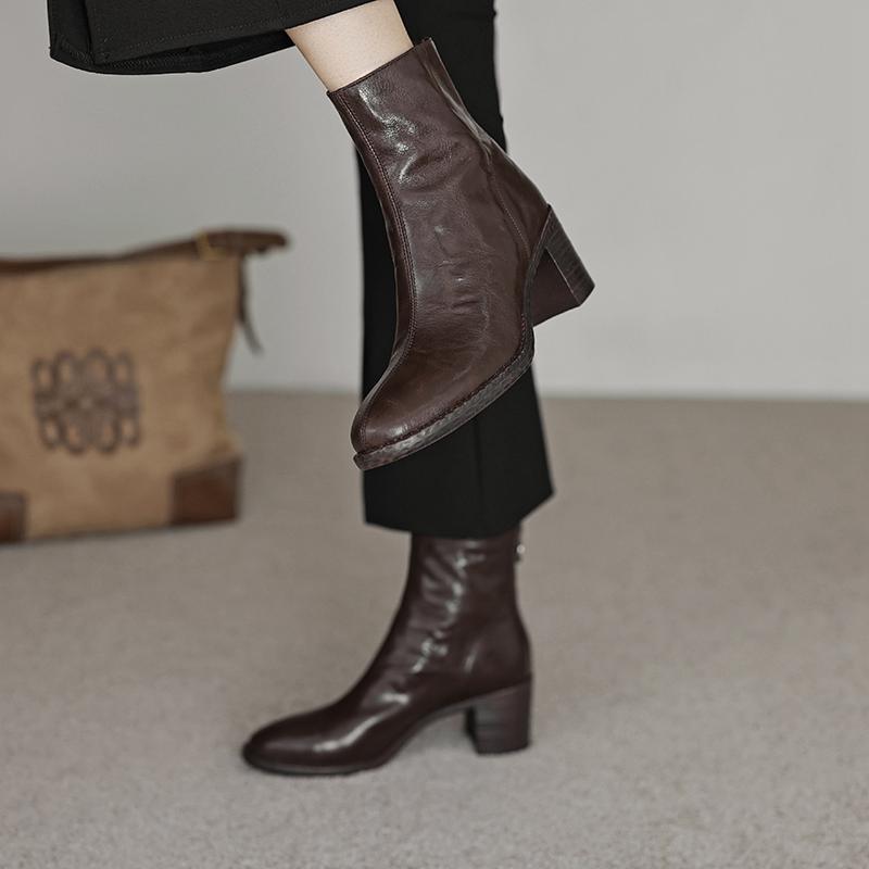 Krazing Pot Îmbrăcăminte de bază Piele de oaie Toamnă Iarnă Pantofi Tocuri groase Cizme Chelsea Vârf rotund Păstrează cald Botine cu fermoar