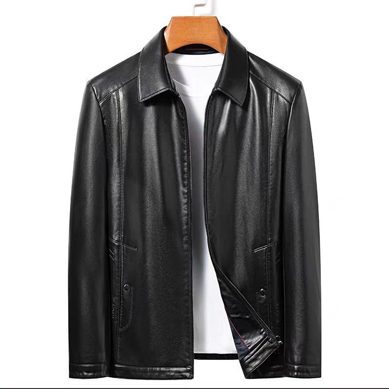 Thickened thermal leather jacket men's middle-aged and elderly men's rabbit fur collar winter velvet leather jacket dad winter top coat