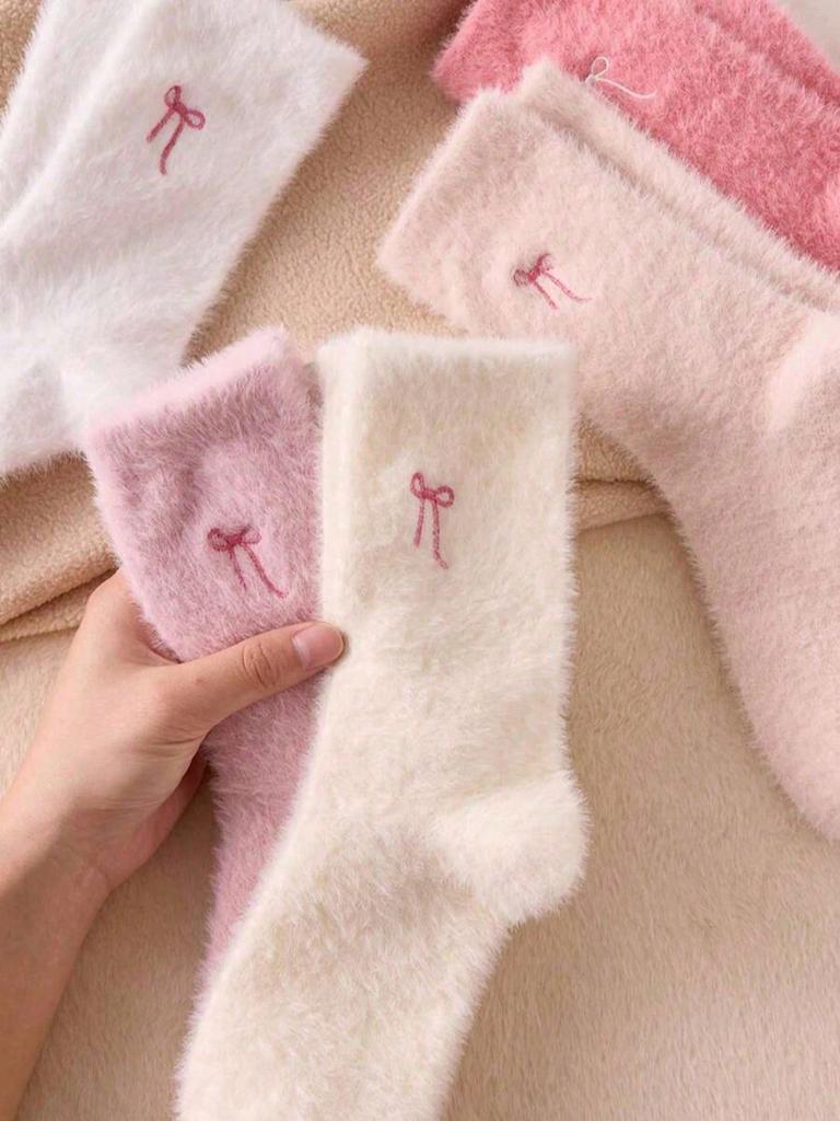 Autumn Winter Fleece Bow-Tie Plush Socks Woman Cute Sweet Mid-Calf Socks Thickened Warm Home Sleep Short Socks for Girls