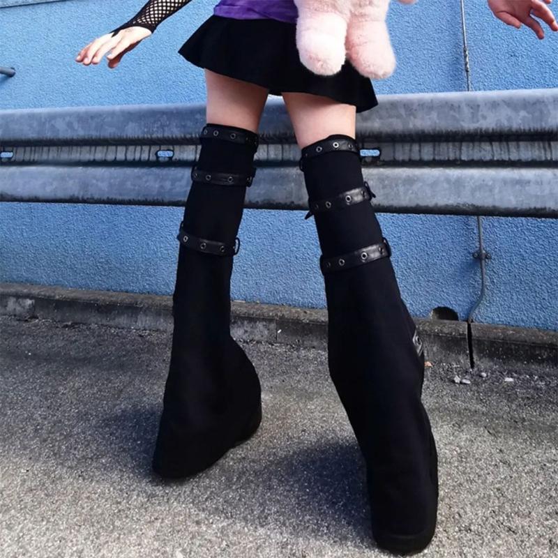 Women Punk Harness Eyelets Straps Flared Leg Warmer Japanese Style Buckled Thigh High Leg Cover Long Sock Stockings