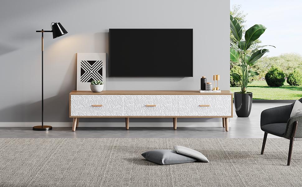TV Low Panel Vintage, Wood TV Cabinet TV Table - Living Room Bedroom, Light Wood, Vintage Grain White Door Panel, 150*35*39cm