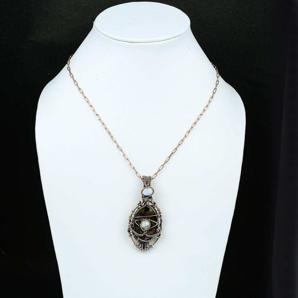 Evil Eye Bronzite Gemstone Pendant Copper Wire Wrapped Jewelry Bronzite Jewelry Rainbow Moonstone Evil Eye Pendant Handmade Pendant For Gift