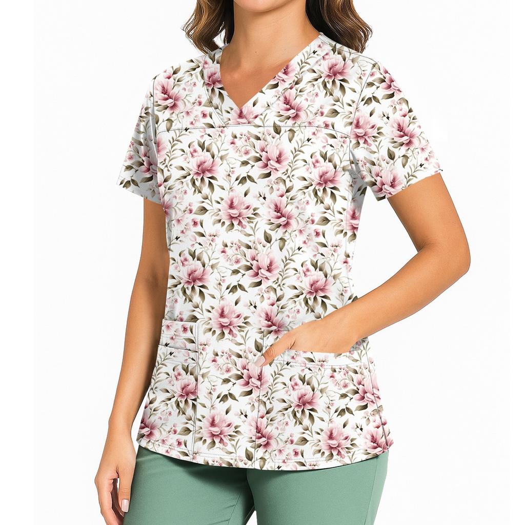 Women's Casual Printed V-Neck Pocket Side Slit Short Sleeved Top Short Sleeved Top