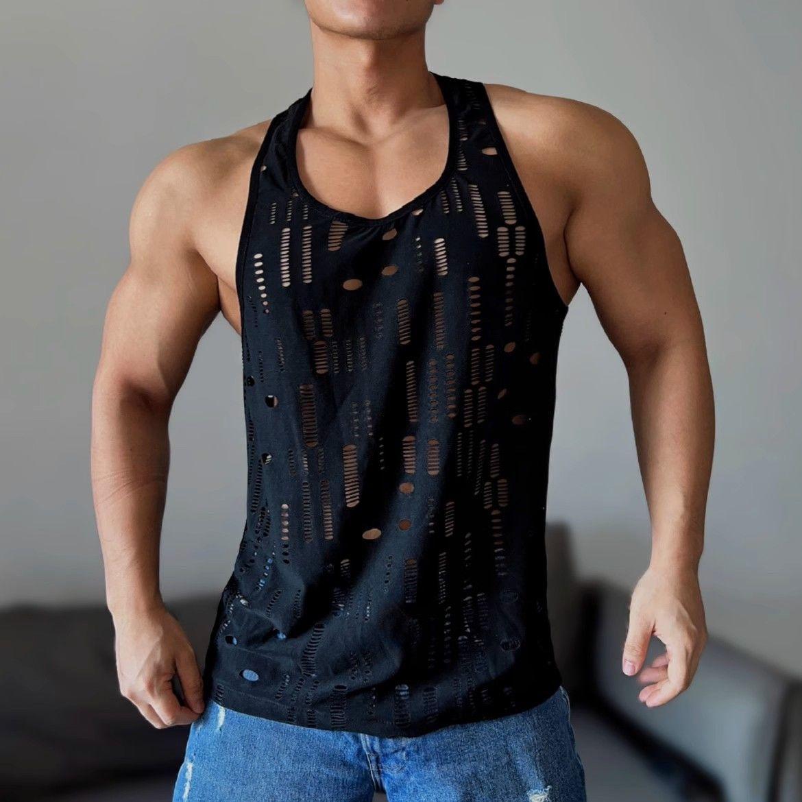 

Мужские майки с вырезом, однотонные, с круглым вырезом, без рукавов, мужские жилеты, уличная одежда для фитнеса, летняя мужская одежда L чёрный