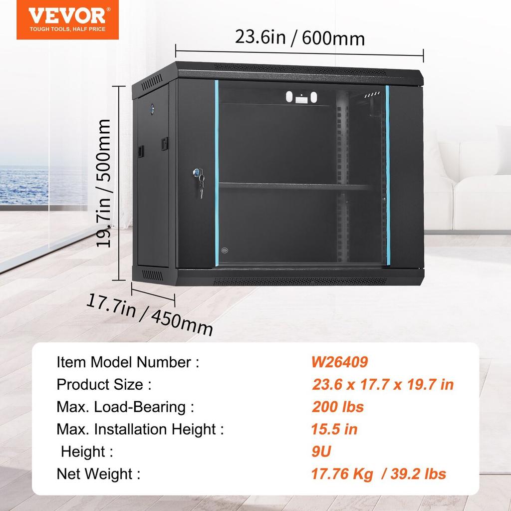 9U Wall Mount Network Server Cabinet, 15.5'' Deep, Server Rack Cabinet Enclosure, 200 Lbs Max. Ground-mounted Load Capacity, with Locking Glass Door