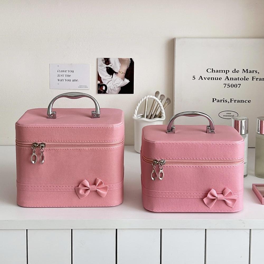 

Pink Bow PU Leather Makeup Bag Portable Handheld Makeup Case Skincare Product Storage Box Trips S