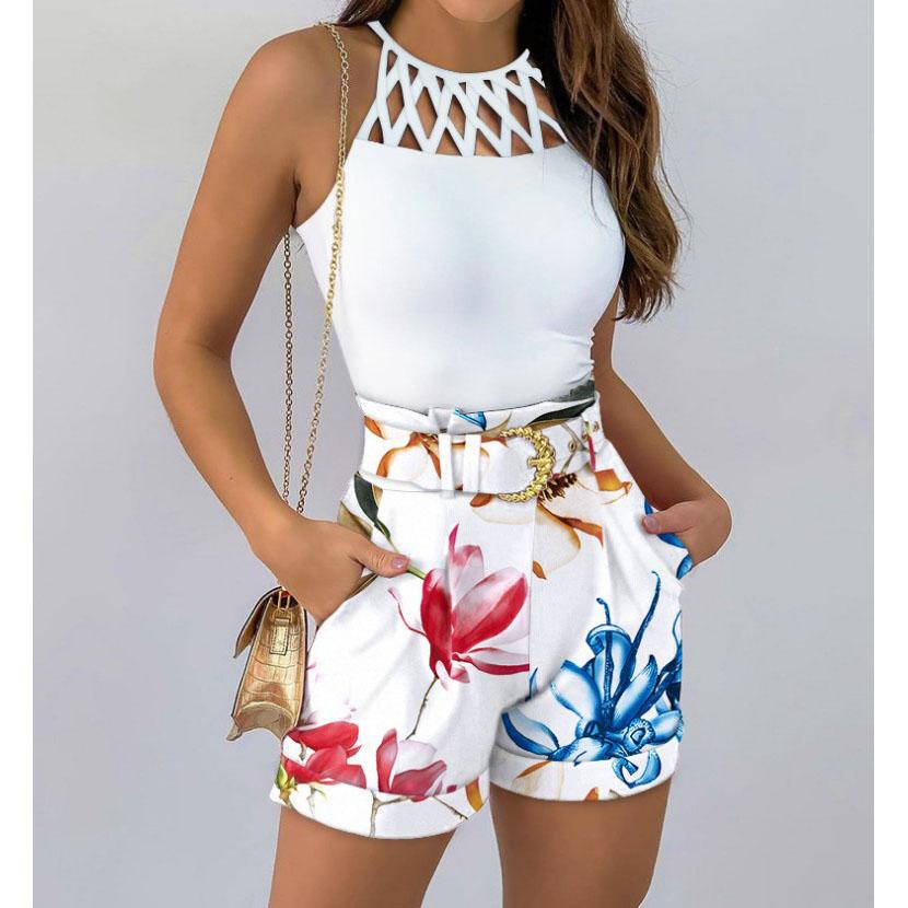 Summer Women's 2-piece Set Tank Tops Hollow Out Beach Slim Short Top Shorts Print Casual Hollow Sleeveless Vest Two Piece Suit