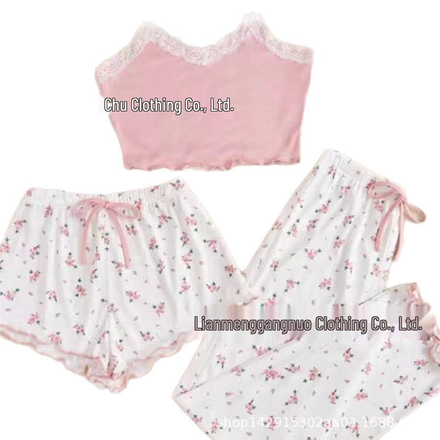 Pajama-Set aus floraler Spitze für Damen - Niedliches Sommer-Camisole mit kurzen und langen Hosen