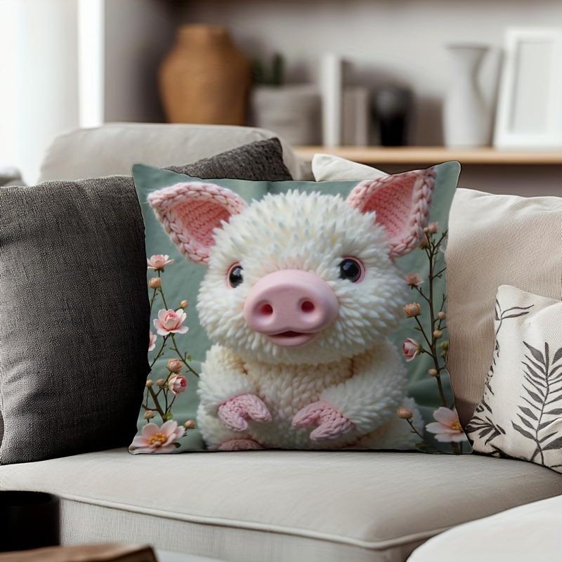 Adorable Fluffy Pig Pillow Cover With Pink Blossoms Sofa Cushion Cover, Home Room Dormitory Decoration, 2D Printing