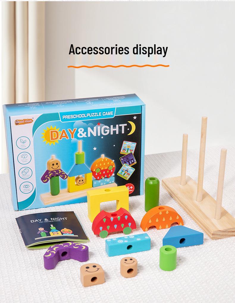 Montessori Shape Recognition Stacking Blocks - Educational Day & Night Wooden Toy for Kids