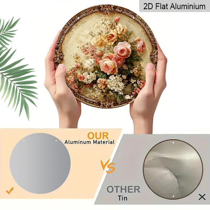 2D Flat, 1pc Round Vintage Floral Metal Wall Decor - Beige & Golden Suitable for Home, Suitable for Housewarming Gifts, Round Aluminum Plaque with