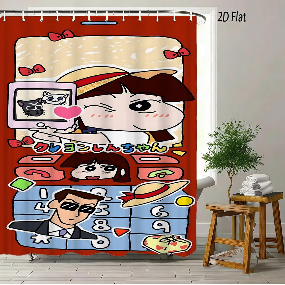 Crayon Shin-Chan Cheese & Shiro 2D Print Waterproof Shower Curtain, Cute Cartoon Bathroom Decor With Hooks