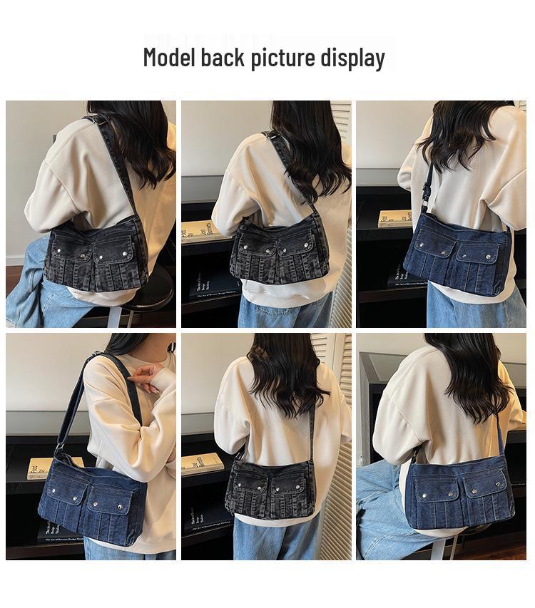 Large Capacity Denim Tote: Japanese & Korean Style, Workwear-Inspired, Versatile Daily Commute & Sports Crossbody Bag