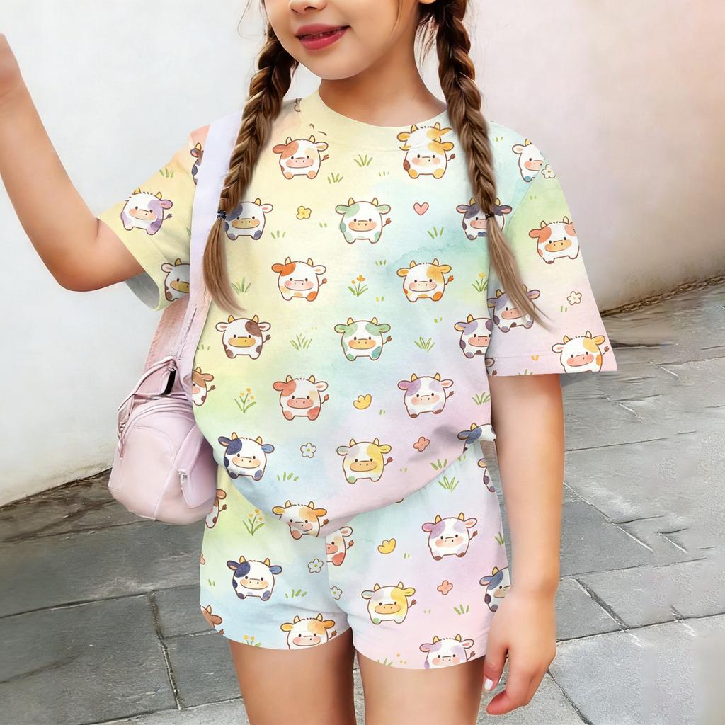 Kids Casual Short Sleeve Top and Shorts Set Animal Print Lightweight Soft Fabric Comfortable Fit Summer Outfit for Boys Girls