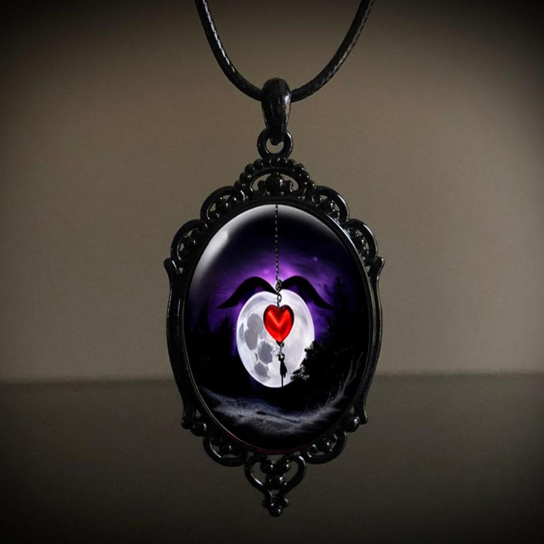 Gothic Witch Black Oval Necklace - Retro Halloween Pendant белый