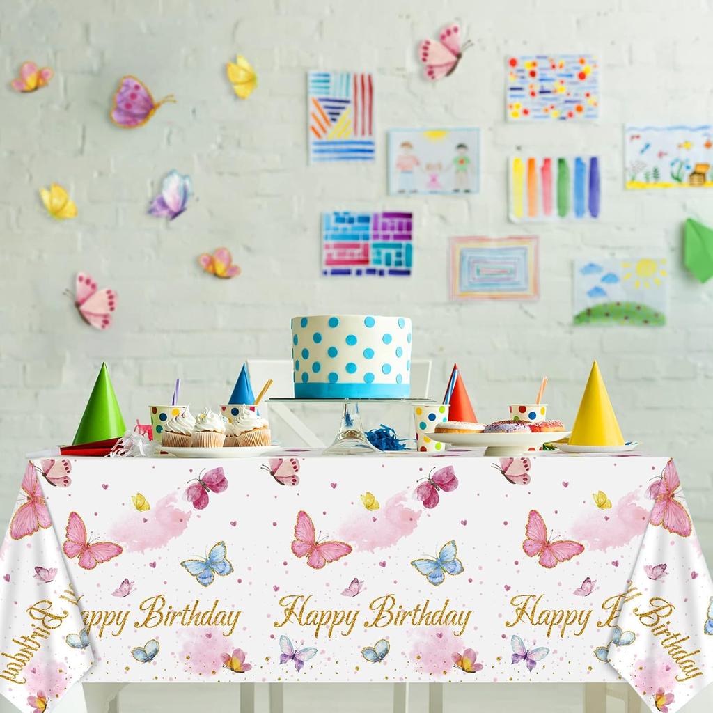 Tiamon 3 Pack Butterfly Happy Birthday Tablecloth Butterfly Party Decorations 108 x 54 Inch Watercolor Plastic Waterproof Table Covers Rectangular