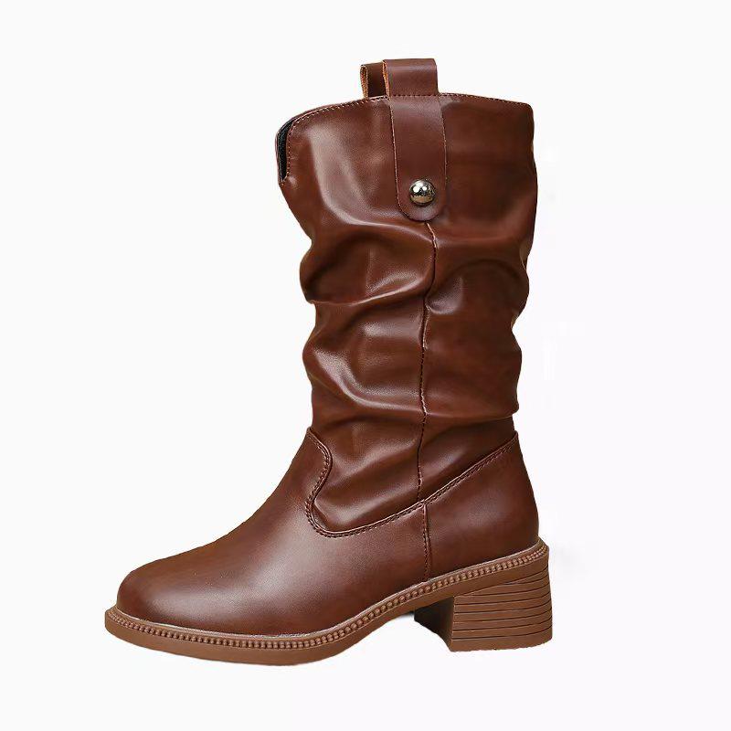 Women's Soft Leather Mid-Calf Chunky Heel Chelsea Boots for Spring and Autumn