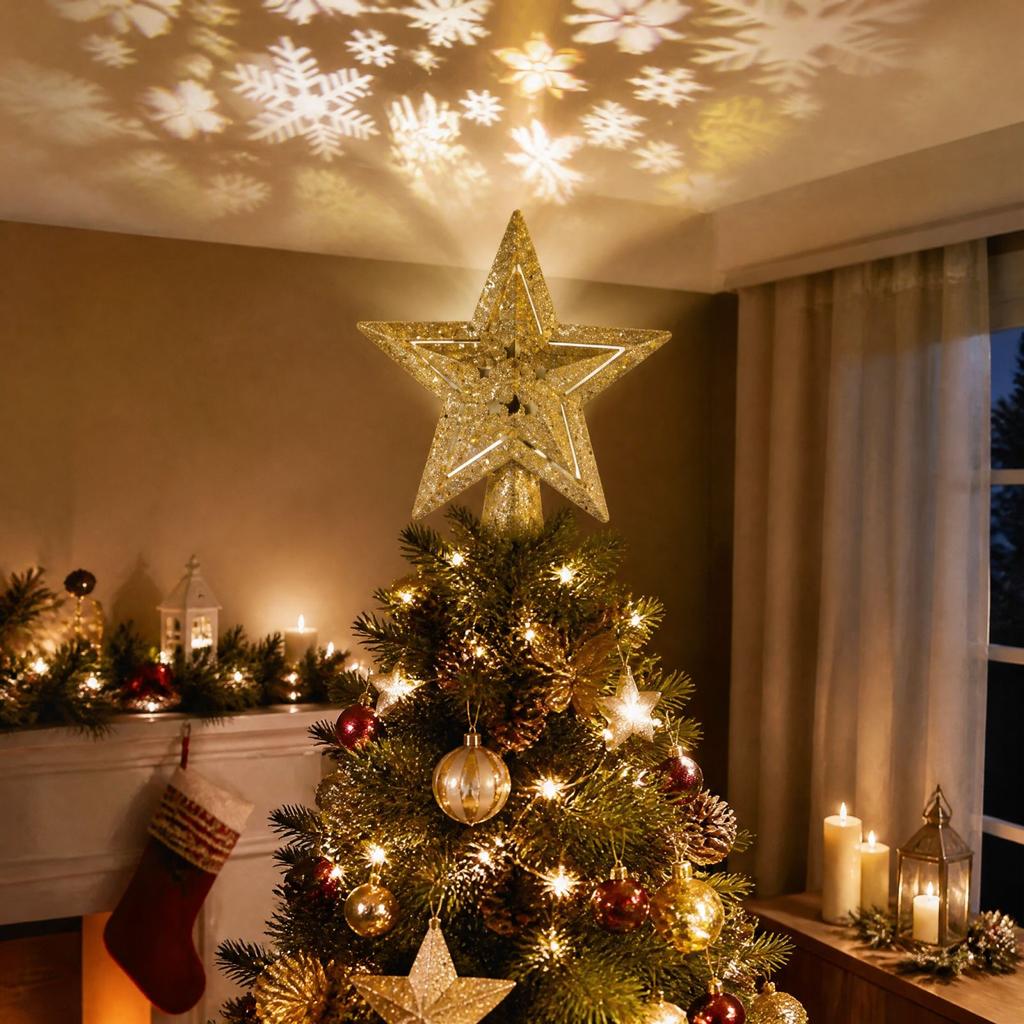 Christmas Tree Topper Star Projection Light, Gold, with 4 Projection Slides, US Plug, Holiday Decoration