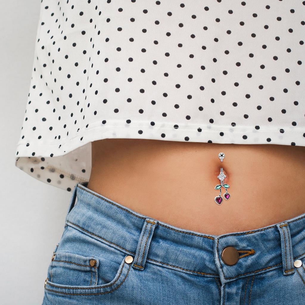 Stainless Steel Belly Button Ring Cherry Heart Design Stylish Belly Piercing Jewelry Cute Dangle Navel Jewelry