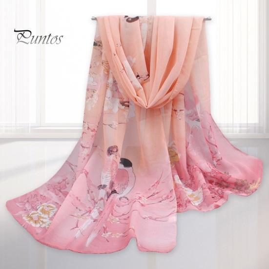 Floral Print Chic Women Scarf Bird Pattern Silky Colorful Wide Sunshade Chiffon Washable Travel Ladies Shawl Clothes Accessory Summer