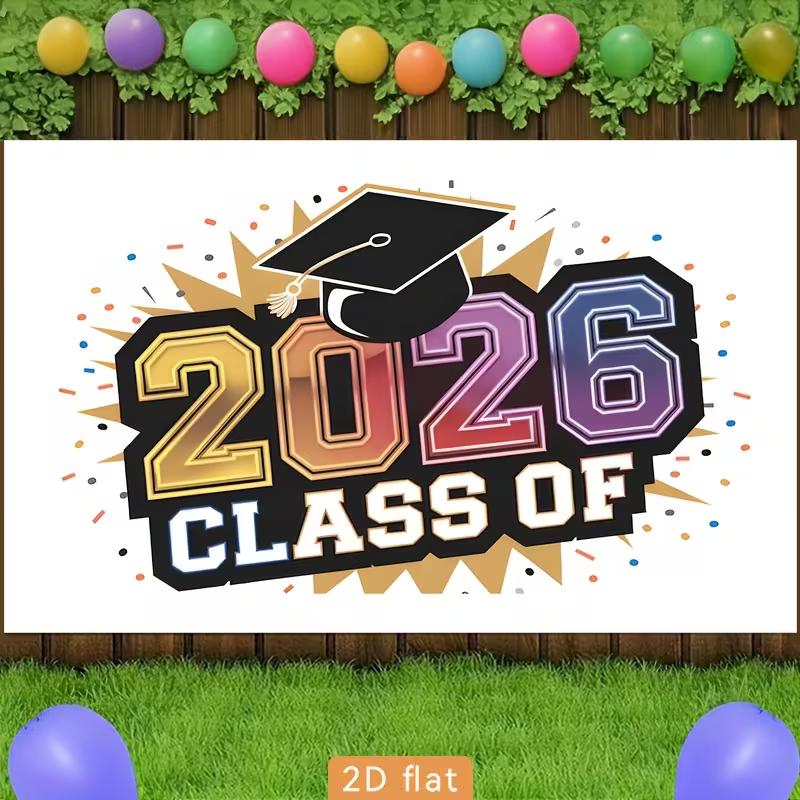 2026 Graduation Tapestry, Colorful Grad Cap and Confetti Design for Photo Booth and Grad Celebration