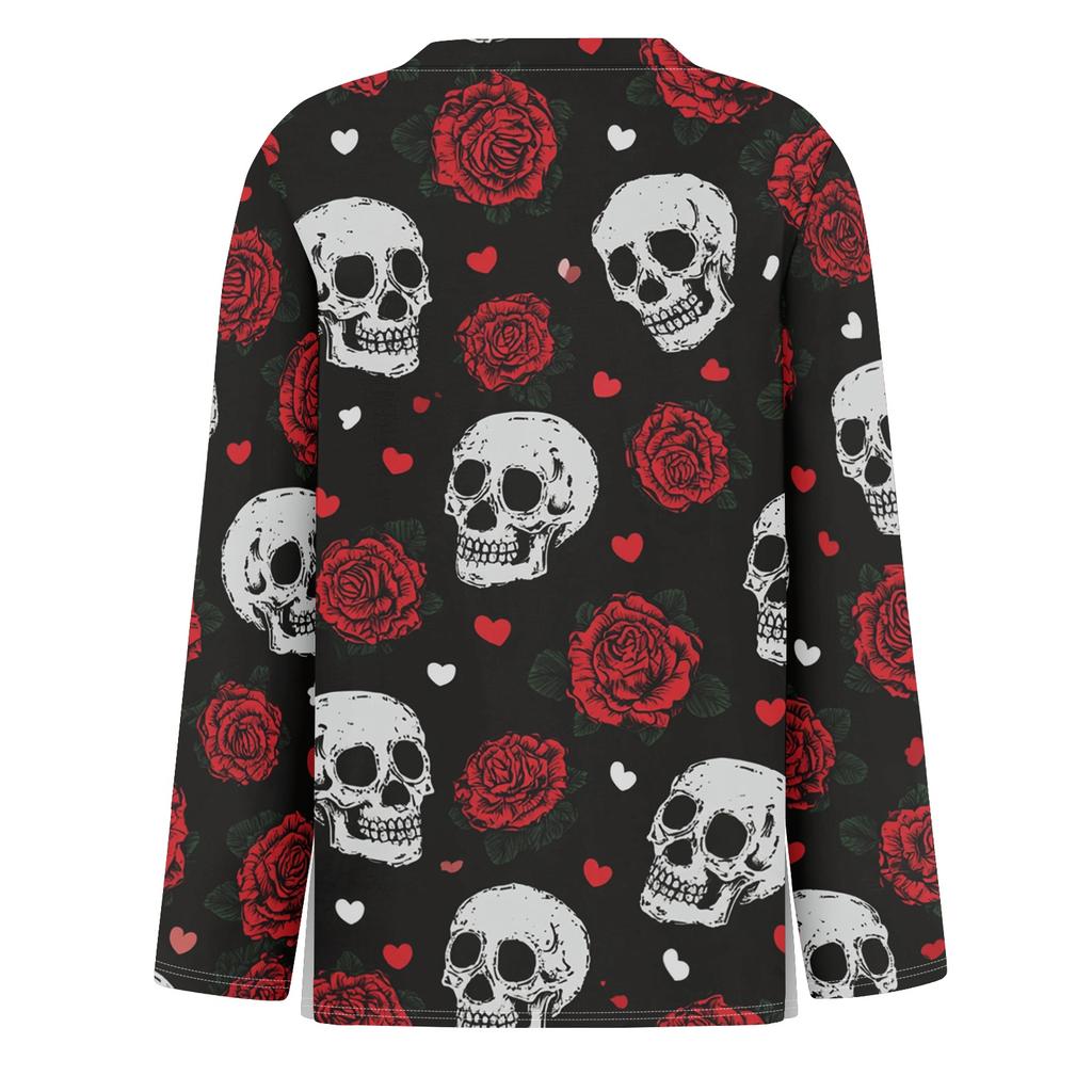 Women's Fashion Print Long Sleeve Top with Round Neck and Side Slits