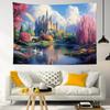 Fairy Tale Castle Wall Tapestry Pink Tree and Floral River Tapestry Wall Hanging Forest Mountain Nature Tapestries for Cla