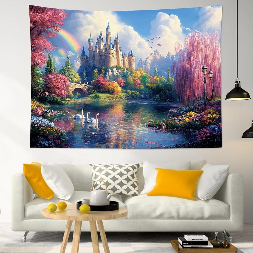 Fairy Tale Castle Wall Tapestry Pink Tree and Floral River Tapestry Wall Hanging Forest Mountain Nature Tapestries for Cla