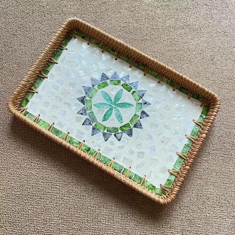 Hand-Woven Rattan Shell Serving Tray Set