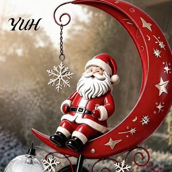 Solar Powered Christmas Decor 31 Inch Solar-Powered Garden Stake Light, Santa Claus On A Moon LED Pathway Retro Style Art Light with Snowflake Charm,