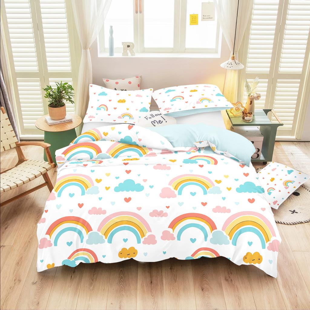 3Pcs (1 Quilt Cover 2 Pillowcases No Core) Colorful And Cute Rainbow Element Printed Bedding Set Soft And Comfortable
